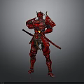 Red Samurai Character in Traditional Armor Holding Two Swords Posing in Combat Stance