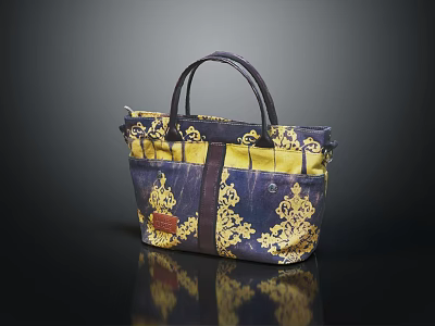 Elegant Navy Blue And Gold Floral Pattern Tote Bag With Leather Handles And Pockets 3d model