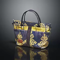 Elegant Navy Blue And Gold Floral Pattern Tote Bag With Leather Handles And Pockets