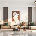 Modern Living Room Interior With Beige Sofa Green Armchair And Decorative Artwork