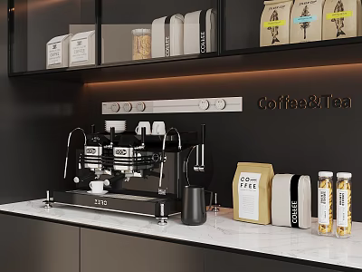 Modern Cafe Interior With Espresso Machine Coffee Beans And Tea Supplies On White Countertop 3d model