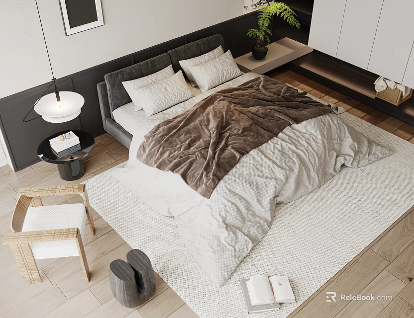 Cozy Double Bed With Soft Brown White Bedding Pillows On Wooden Floor Rug And Armchair 3d model 