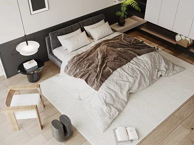 Cozy Double Bed With Soft Brown White Bedding Pillows On Wooden Floor Rug And Armchair 3d model