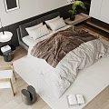 Cozy Double Bed With Soft Brown White Bedding Pillows On Wooden Floor Rug And Armchair