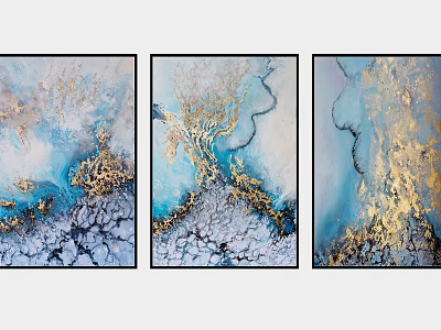 Abstract Triptych Wall Art With Blue Gold White Fluid Textures Framed 3d model