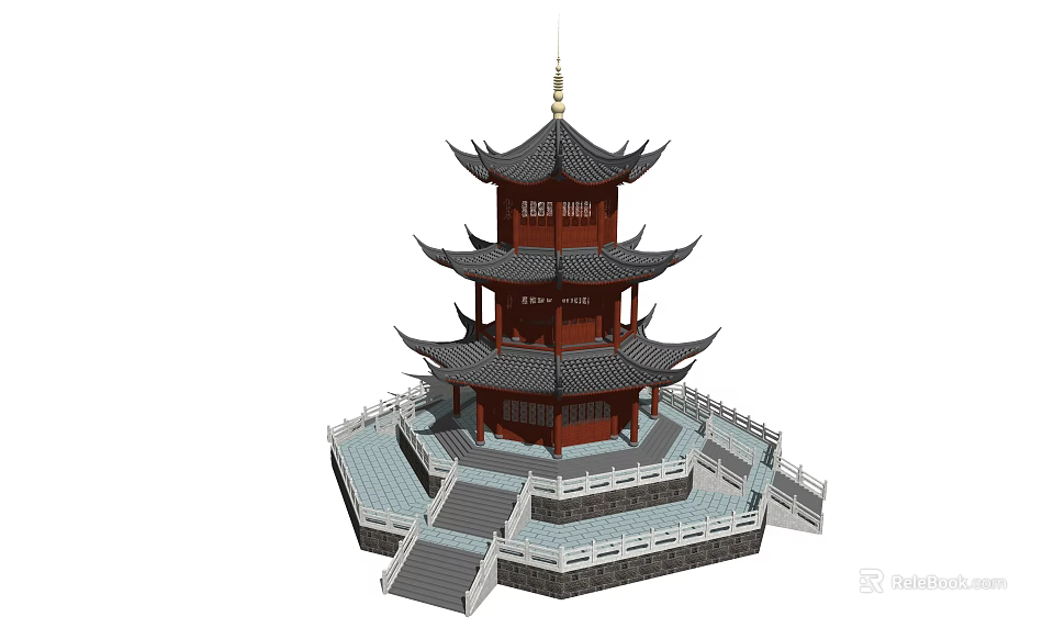 Traditional Chinese Pagoda With Multi tiered Curved Eaves Wooden Structure And Stone Base 3d model 