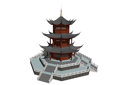 Traditional Chinese Pagoda With Multi tiered Curved Eaves Wooden Structure And Stone Base 3d model