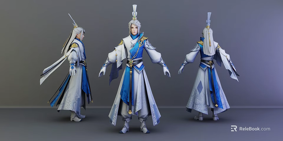Ancient Style Character In White Blue Robe With Flowing Ribbons And Golden Accents Three Angles 3d model 