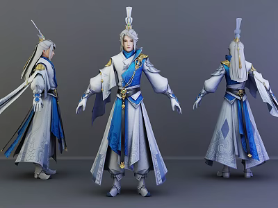 Ancient Style Character In White Blue Robe With Flowing Ribbons And Golden Accents Three Angles 3d model