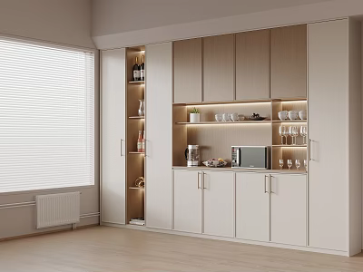 Modern Wine Cabinet with Wine Bottles Open Shelving Glassware and Microwave in Light Wood Kitchen 3d model