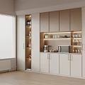 Modern Wine Cabinet with Wine Bottles Open Shelving Glassware and Microwave in Light Wood Kitchen