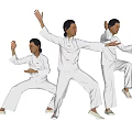 Group Of People Practicing Tai Chi With Different Stances In White Uniforms