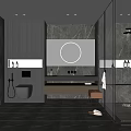 Modern Bathroom Interior With Round Mirror Marble Countertop Wooden Cabinets And Glass Shower