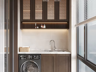 Modern Laundry Room Design With Washing Machine Sink Rattan Cabinets And Countertop 3d model