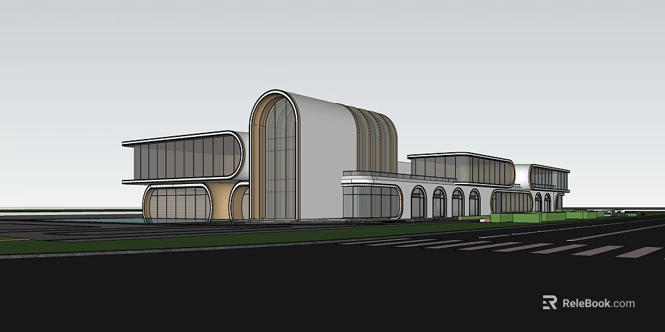 Modern Sales Office Building With Curved Architecture And Large Glass Windows Design 3d model 
