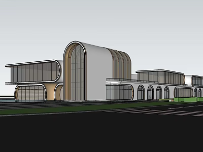 Modern Sales Office Building With Curved Architecture And Large Glass Windows Design 3d model