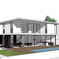 Modern Detached Villa with Swimming Pool Surrounded by Greenery Terrace with Umbrellas and Loungers