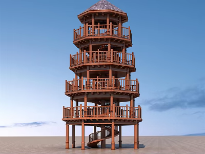 Wooden Tower Featuring Multi Level Balconies And Spiral Staircase Against Blue Sky Background 3d model