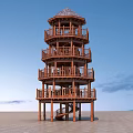 Wooden Tower Featuring Multi Level Balconies And Spiral Staircase Against Blue Sky Background