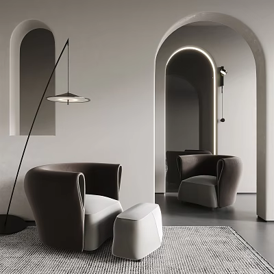 Modern Brown Armchair In Stylish Interior With Arched Doorway And Floor Lamp 3d model