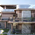 Semi Detached Villa Modern Exterior Design With Stone Metal Facade Trees Garage And Cars