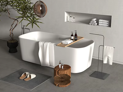 Elegant Freestanding White Bathtub With Wooden Tray Towels And Potted Plant 3d model