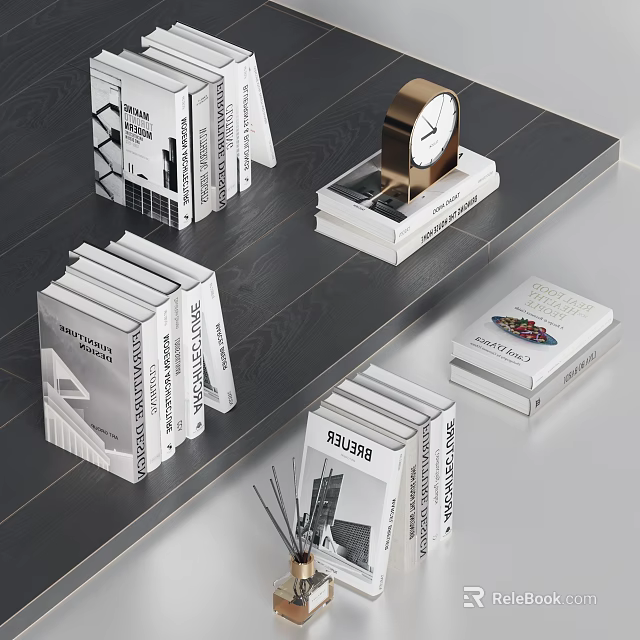 Modern Books And Magazines Stacked In Interior With Decorative Clock Design Elements 3d model