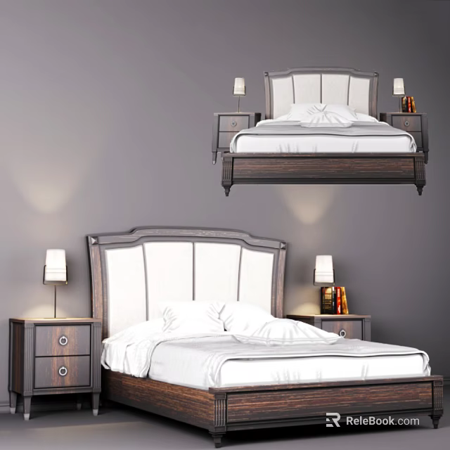 Modern Double Bed with Upholstered Headboard Wooden Frame and Nightstands Table Lamps in Gray Walls 3d model 
