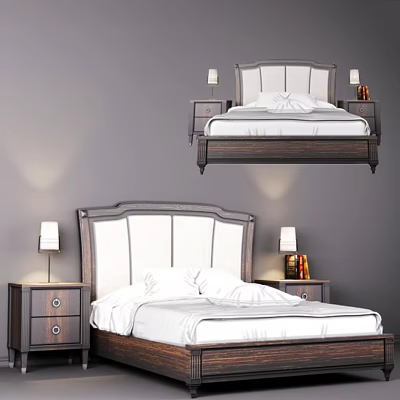 Modern Double Bed with Upholstered Headboard Wooden Frame and Nightstands Table Lamps in Gray Walls 3d model