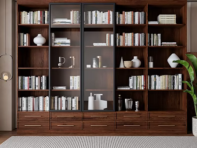 Modern Wooden Bookcase with Glass Doors Organized Books Decorative Vases And Drawers 3d model
