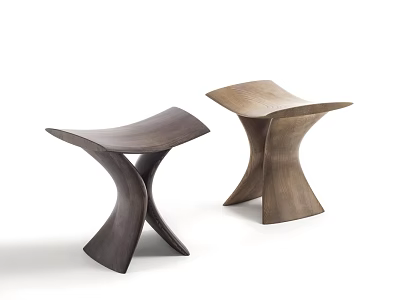 Two Modern Wooden Stools Featuring Unique Curved Design And Sculptural Structure 3d model
