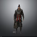 Man in Traditional Ancient Dark Armor With Red Decorative Belt Weapon at Waist Wearing Helmet