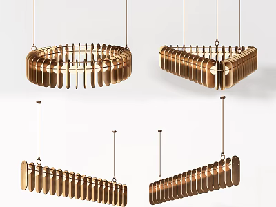 Modern Golden Chandelier with Circular and Rectangular Shapes Featuring Hanging Slatted Elements for Interior Decoration 3d model