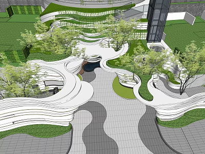 Modern Garden Landscape With Curved Pathways Lush Greenery And Architectural Elements 3d model