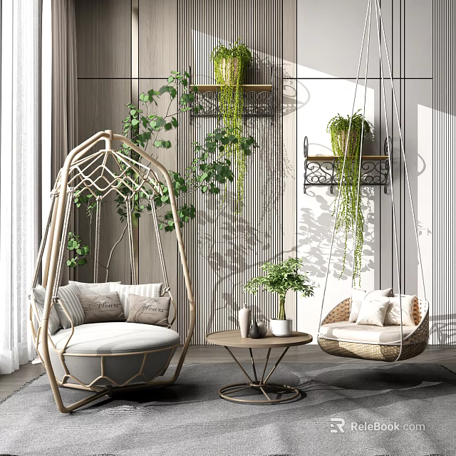 Bohemian Rattan Hanging Chair With Soft Cushions And Hanging Green Plants Indoor 3d model 