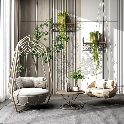 Bohemian Rattan Hanging Chair With Soft Cushions And Hanging Green Plants Indoor 3d model