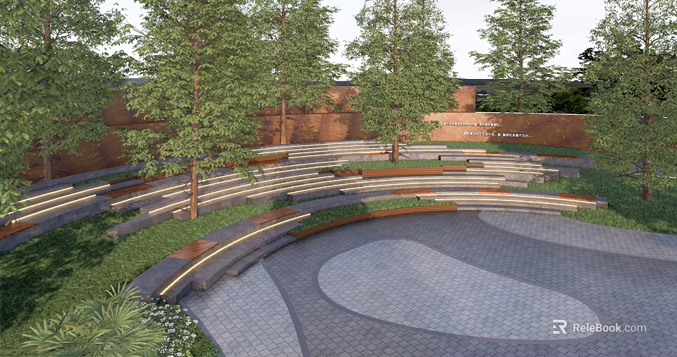Scenic Urban Park Landscape With Curved Benches Tall Trees And Patterned Paved Ground 3d model 