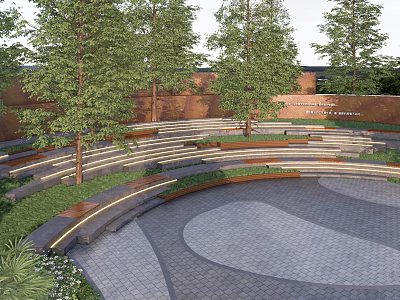 Scenic Urban Park Landscape With Curved Benches Tall Trees And Patterned Paved Ground 3d model