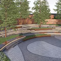 Scenic Urban Park Landscape With Curved Benches Tall Trees And Patterned Paved Ground