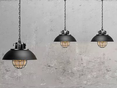 Black Pendant Lights With Metal Cage And Warm Yellow Bulbs On Grey Textured Wall 3d model
