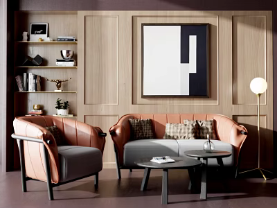 Modern Living Room Sofa Coffee Table Set With Orange Leather Armchairs And Wooden Panel Wall 3d model
