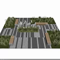 Black And White Striped Tiles Outdoor Ground With Green Grass And Wooden Benches