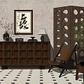 New Chinese Wooden Decorative Cabinet With Calligraphy Artwork Vase Table Lamp And Wooden Screen