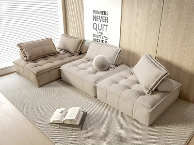 Beige L Shaped Multi Person Sofa with Throw Pillows and Open Book in Living Room 3d model