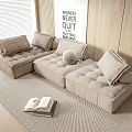Beige L Shaped Multi Person Sofa with Throw Pillows and Open Book in Living Room