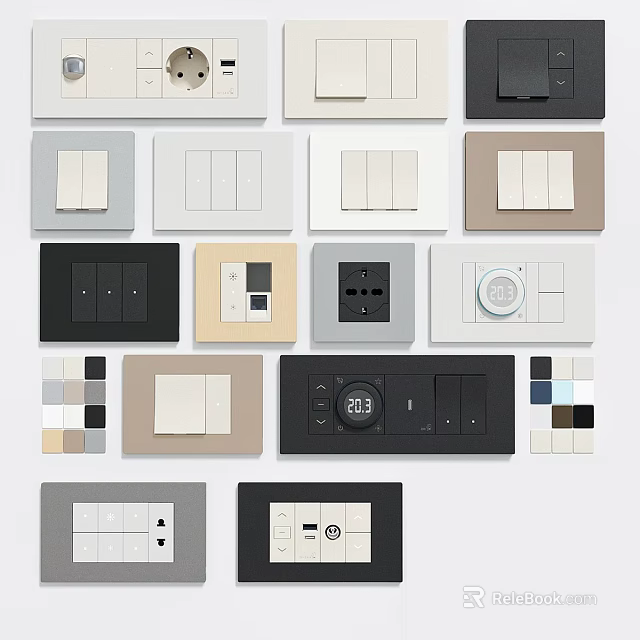 Modern Switch Panels in Various Colors and Designs for Home Electrical Use 3d model 