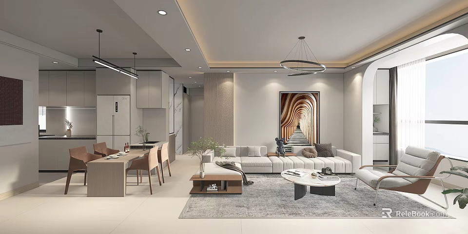 Modern Living Dining Room Interior With Sofa Dining Table Chairs Pendant Lights And Spiral Mural 3d model 