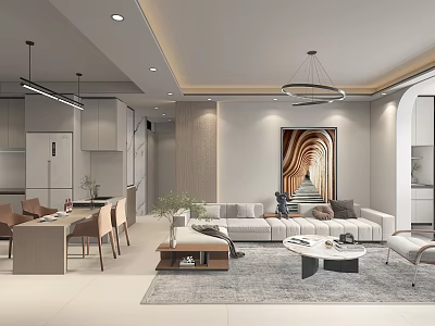 Modern Living Dining Room Interior With Sofa Dining Table Chairs Pendant Lights And Spiral Mural 3d model