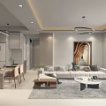 Modern Living Dining Room Interior With Sofa Dining Table Chairs Pendant Lights And Spiral Mural
