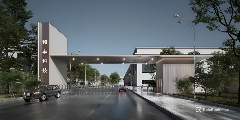 Modern Technology Company Entrance Gate With Cars Road Street Lights And Trees 3d model 